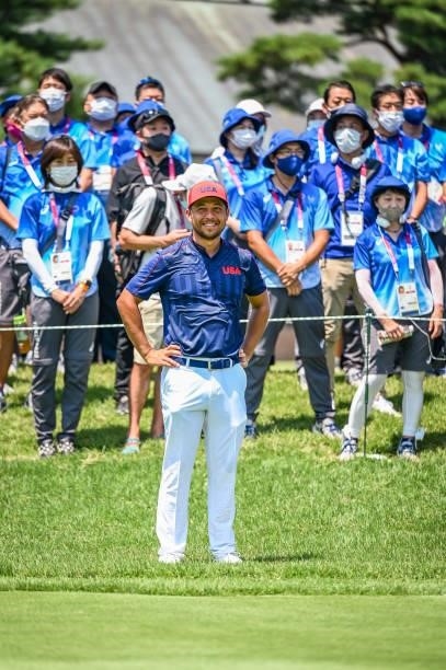 Xander Schauffele of Team USA smiles on the first tee during the final round of Mens Individual Stroke Play Golf on day nine of the Tokyo 2020...