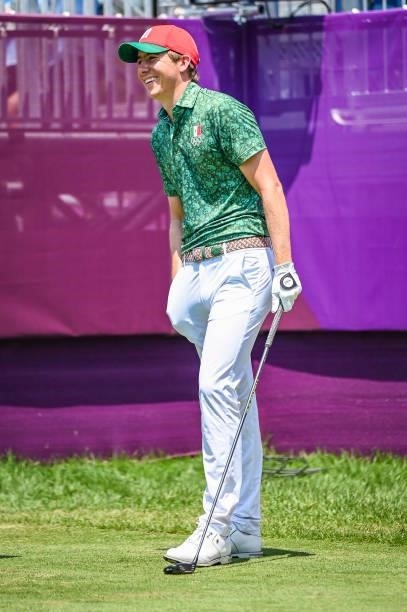 Carlos Ortiz of Team Mexico smiles on the first tee during the final round of Mens Individual Stroke Play Golf on day nine of the Tokyo 2020 Olympic...