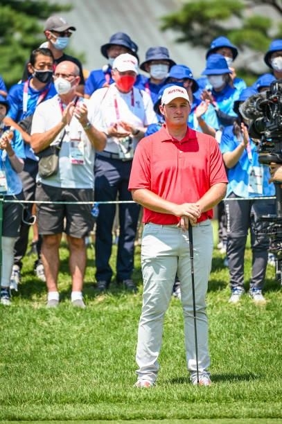Sepp Straka of Team Austria smiles on the first tee during the final round of Mens Individual Stroke Play Golf on day nine of the Tokyo 2020 Olympic...