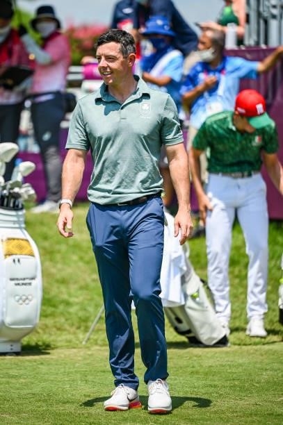 Rory McIlroy of Team Ireland smiles on the first tee during the final round of Mens Individual Stroke Play Golf on day nine of the Tokyo 2020 Olympic...