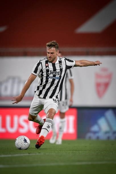 Juventus player Aaron Ramsey during a match between Monza and Juventus at Stadio Brianteo on July 31, 2021 in Monza, Italy.
