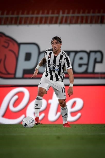 Juventus player Luca Pellegrini during a match between Monza and Juventus at Stadio Brianteo on July 31, 2021 in Monza, Italy.
