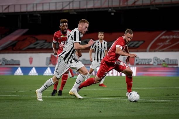 Juventus player Dejan Kulusevski during a match between Monza and Juventus at Stadio Brianteo on July 31, 2021 in Monza, Italy.