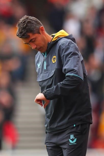 Bruno Lage the head coach / manager of Wolverhampton Wanderers looks at his watch during the Pre Season Friendly match between Stoke City and...