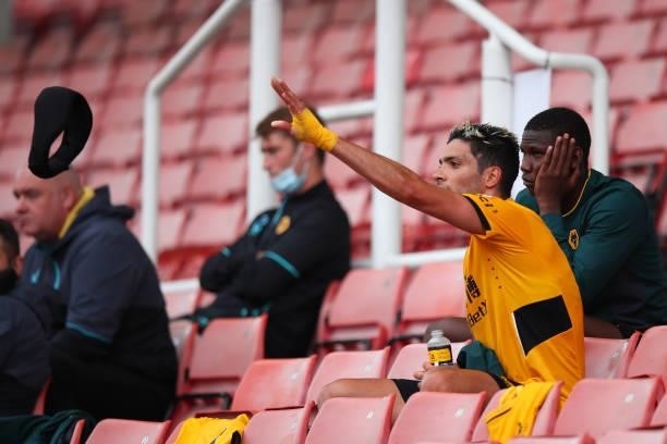 Raul Jimenez of Wolverhampton Wanderers throws his protective head gear during the Pre Season Friendly match between Stoke City and Wolverhampton...