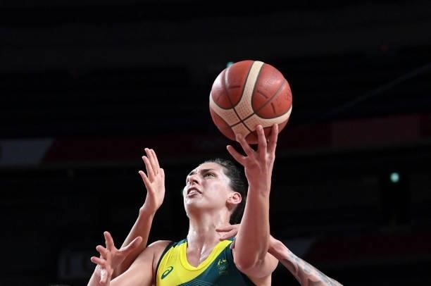 Australia's Marianna Tolo goes to the basket in the women's preliminary round group C basketball match between Australia and Puerto Rico during the...