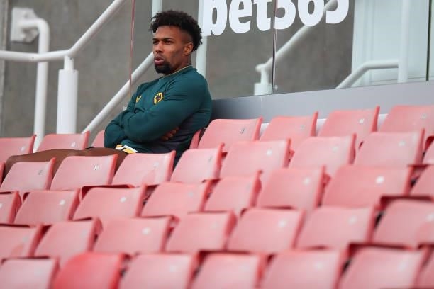 Adama Traore of Wolverhampton Wanderers sit on the bench during the Pre Season Friendly match between Stoke City and Wolverhampton Wanderers at...