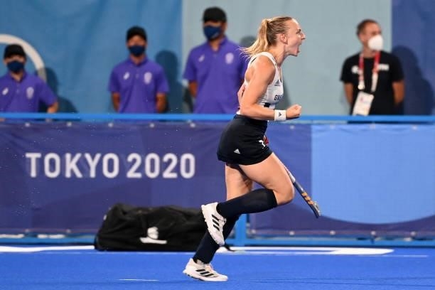 Britain's Hannah Martin celebrates after scoring during the penalty shoot-out against Spain after tying 2-2 in their women's quarter-final match of...