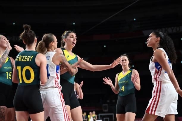 Puerto Rico's Isalys Quinones and Australia's Marianna Tolo argue during the women's preliminary round group C basketball match between Australia and...