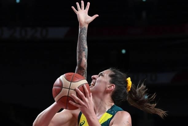 Australia's Marianna Tolo goes to the basket in the women's preliminary round group C basketball match between Australia and Puerto Rico during the...