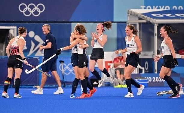 Players of Britain celebrate during the penalty shoot-out against Spain after tying 2-2 in their women's quarter-final match of the Tokyo 2020...