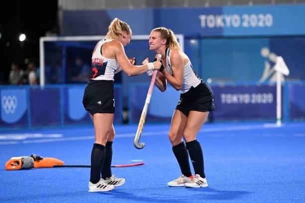 Britain's Hannah Martin and Lily Owsley celebrate after defeating Spain in the penalty shoot-out after tying 2-2 in their women's quarter-final match...