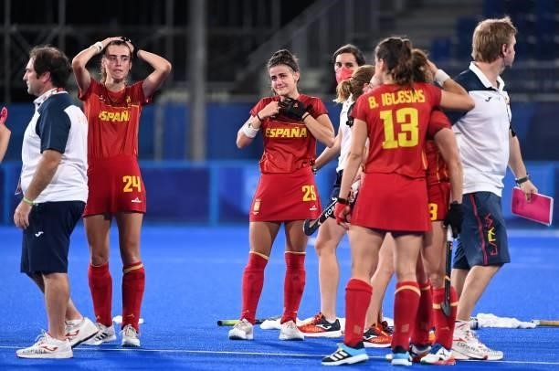 Spain's Alejandra Torres-Quevedo and Lucia Jimenez react after losing the penalty shoot-out to Britain after tying 2-2 in their women's quarter-final...