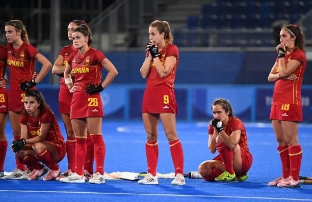 Players of Spain are seen during the penalty shoot-out against Britain after tying 2-2 in their women's quarter-final match of the Tokyo 2020 Olympic...