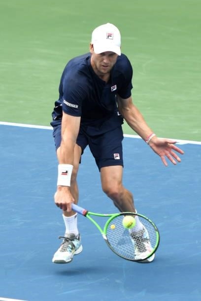 Andreas Seppi of Italy returns a shot against Yasutaka Uchiyama of Japan on Day 3 during the Citi Open at Rock Creek Tennis Center on August 2, 2021...