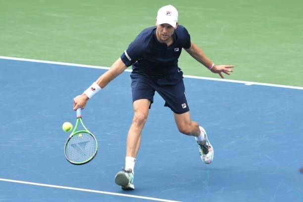 Andreas Seppi of Italy returns a shot against Yasutaka Uchiyama of Japan on Day 3 during the Citi Open at Rock Creek Tennis Center on August 2, 2021...