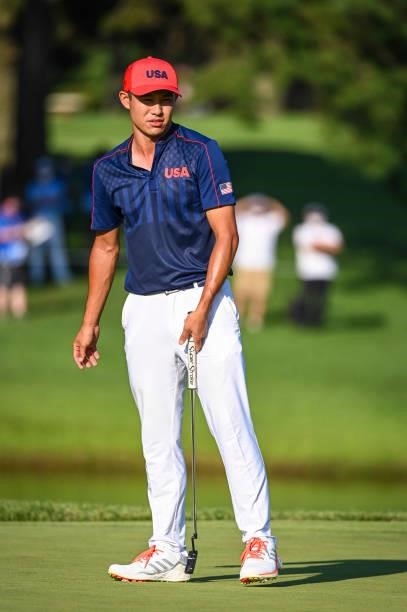 Collin Morikawa of Team USA reacts to missing a birdie putt on the 18th hole green during a playoff in the final round of Mens Individual Stroke Play...