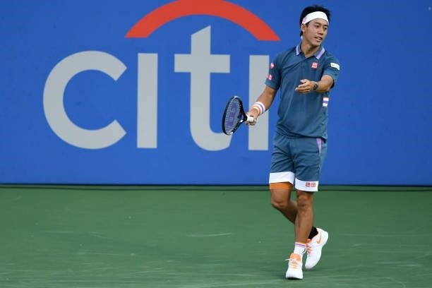Kei Nishikori of Japan reacts to a shot against Sam Querrey of the United States on Day 3 during the Citi Open at Rock Creek Tennis Center on August...