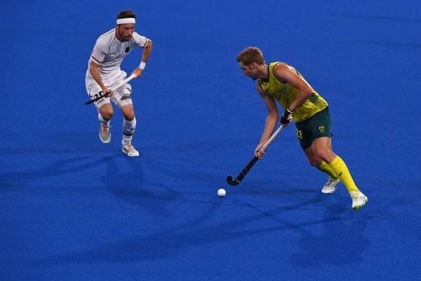 Australia's Daniel James Beale is challenged by Germany's Martin Detlef Zwicker during their men's semi-final match of the Tokyo 2020 Olympic Games...
