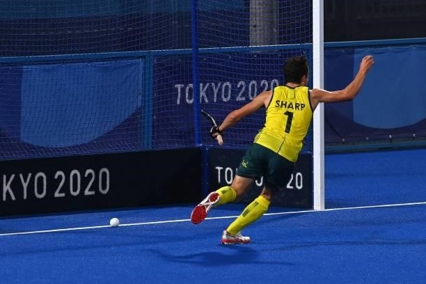 Australia's Lachlan Thomas Sharp celebrates after scoring against Germany during their men's semi-final match of the Tokyo 2020 Olympic Games field...