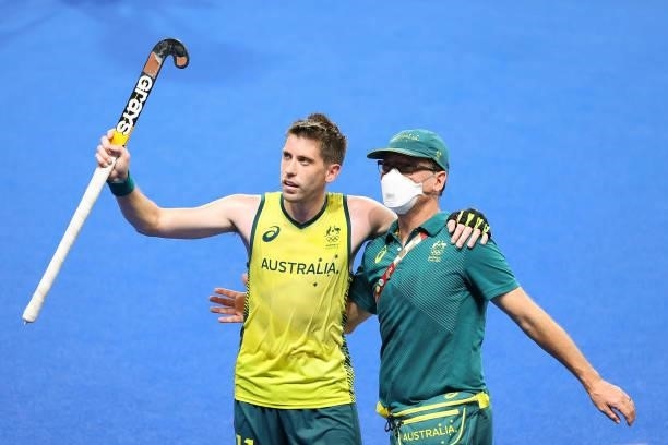 Edward Clive Ockenden of Team Australia celebrate victory in the Men's Semifinal match between Australia and Germany on day eleven of the Tokyo 2020...