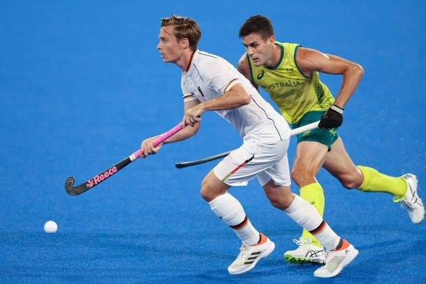 Mats Jurgen Grambusch of Team Germany and Blake Govers of Team Australia battle for the ball during the Men's Semifinal match between Australia and...