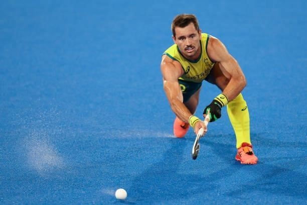 Jeremy Thomas Hayward of Team Australia passes the ball during the Men's Semifinal match between Australia and Germany on day eleven of the Tokyo...