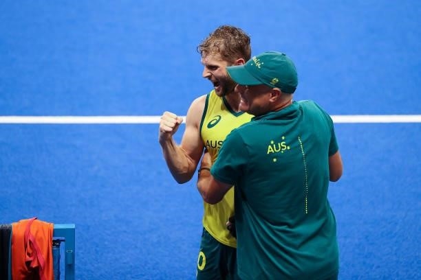 Joshua Beltz of Team Australia celebrate victory in the Men's Semifinal match between Australia and Germany on day eleven of the Tokyo 2020 Olympic...