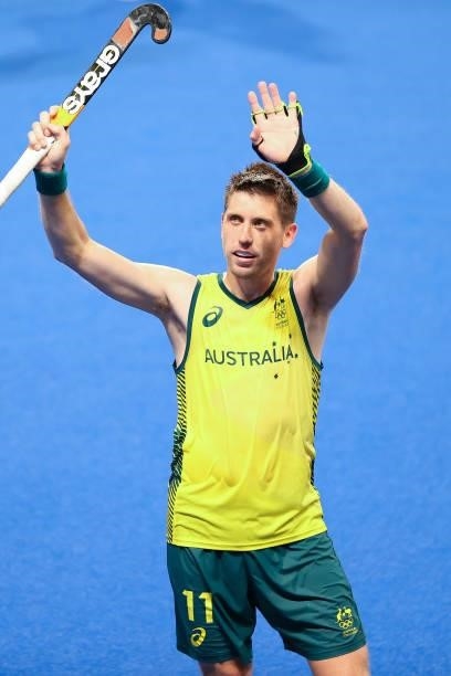 Edward Clive Ockenden of Team Australia celebrate victory in the Men's Semifinal match between Australia and Germany on day eleven of the Tokyo 2020...