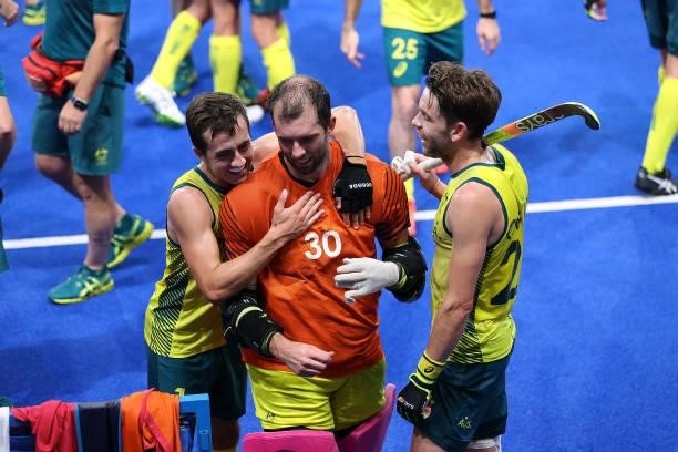 Team Australia celebrate victory in the Men's Semifinal match between Australia and Germany on day eleven of the Tokyo 2020 Olympic Games at Oi...