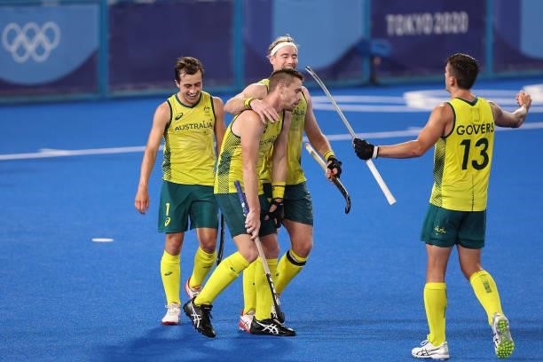 Lachlan Thomas Sharp of Team Australia celebrates with teammate after scoring their team's third goal during the Men's Semifinal match between...