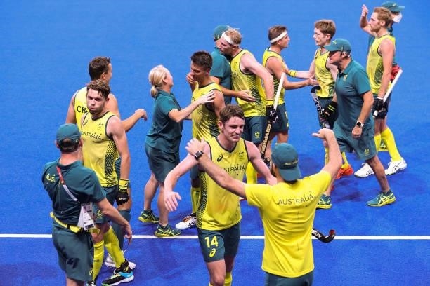 Team Australia celebrate victory in the Men's Semifinal match between Australia and Germany on day eleven of the Tokyo 2020 Olympic Games at Oi...