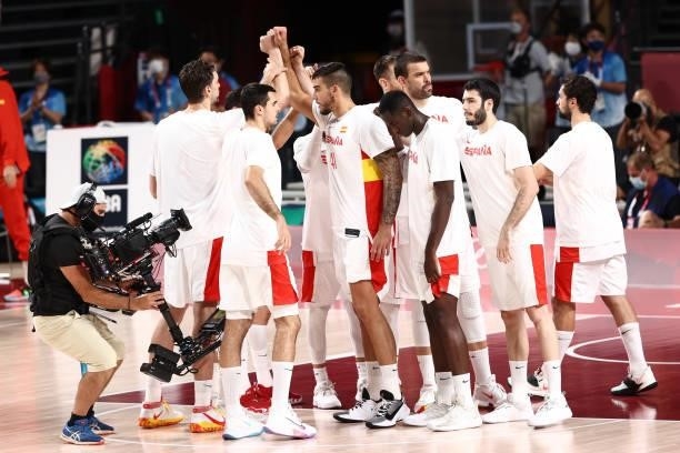 The Spain Men's National Team huddle up before the game against the Slovenia Men's National Team during the 2020 Tokyo Olympics on August 1, 2021 at...