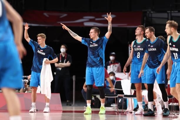 Gregor Hrovat of the Slovenia Men's National Team reacts to a play during the game against the Spain Men's National Team during the 2020 Tokyo...