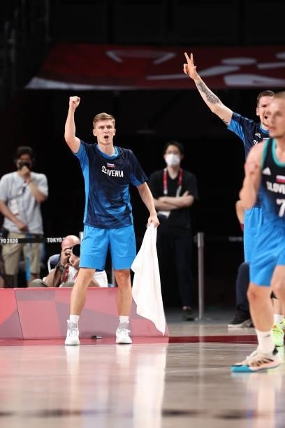 Luka Rupnik of the Slovenia Men's National Team reacts to a play during the game against the Spain Men's National Team during the 2020 Tokyo Olympics...