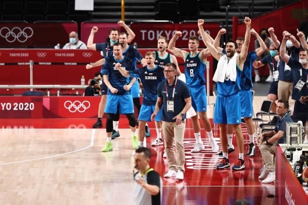 The Slovenia Men's National Team reacts to a play during the game against the Spain Men's National Team during the 2020 Tokyo Olympics on August 1,...