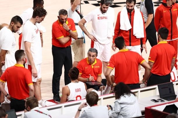Assistant Coach Luis Guil of the Spain Men's National Team talks to the media during the game against the Slovenia Men's National Team during the...