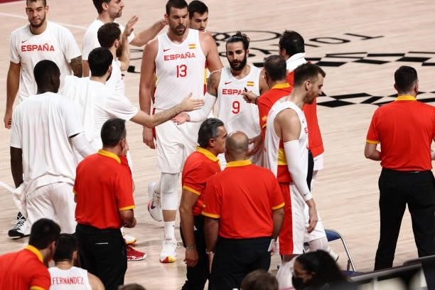 Ricky Rubio of the Spain Men's National Team high fives his teammates during the game against the Slovenia Men's National Team during the 2020 Tokyo...