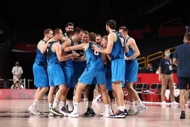 The Slovenia Men's National Team huddle up during the game against the Spain Men's National Team during the 2020 Tokyo Olympics at the Saitama Super...
