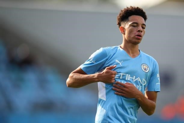 Sam Edozie of Manchester City during the Pre Season Friendly fixture between Manchester City and Blackpool at Manchester City Football Academy on...