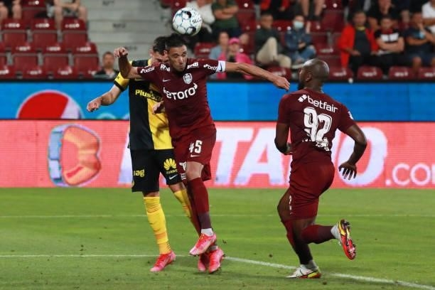 Mario Camora of CFR Cluj jump for the ball during the UEFA Champions League Third Qualifying Round Leg One match between CFR Cluj and BSC Young Boys...