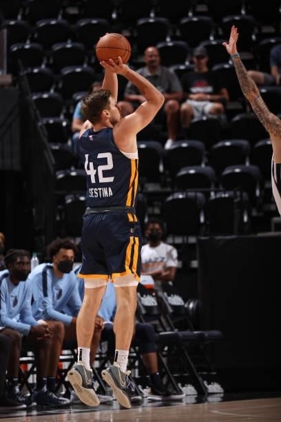 Nate Sestina of the Utah Jazz Blue shoots the ball during the 2021 Salt Lake City Summer League on August 3, 2021 at vivint.SmartHome Arena in Salt...