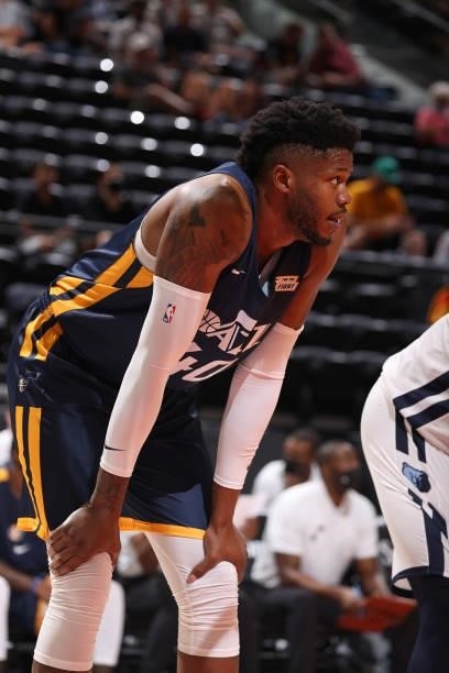 Justin Patton of the Utah Jazz Blue looks on during the 2021 Salt Lake City Summer League on August 3, 2021 at vivint.SmartHome Arena in Salt Lake...