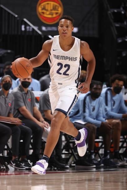 Desmond Bane of the Memphis Grizzlies dribbles the ball during the 2021 Salt Lake City Summer League on August 3, 2021 at vivint.SmartHome Arena in...