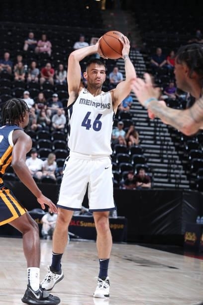 John Konchar of the Memphis Grizzlies passes the ball during the 2021 Salt Lake City Summer League on August 3, 2021 at vivint.SmartHome Arena in...