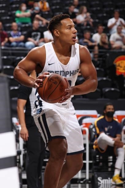 Desmond Bane of the Memphis Grizzlies passes the ball during the 2021 Salt Lake City Summer League on August 3, 2021 at vivint.SmartHome Arena in...