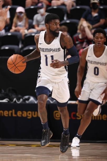 Shaq Buchanan of the Memphis Grizzlies dribbles the ball during the 2021 Salt Lake City Summer League on August 3, 2021 at vivint.SmartHome Arena in...