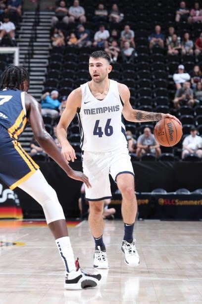 John Konchar of the Memphis Grizzlies dribbles the ball during the 2021 Salt Lake City Summer League on August 3, 2021 at vivint.SmartHome Arena in...