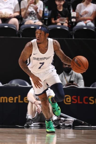 Ahmad Caver of the Memphis Grizzlies dribbles the ball during the 2021 Salt Lake City Summer League on August 3, 2021 at vivint.SmartHome Arena in...