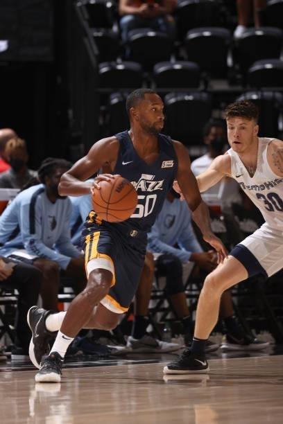 Kyle Fogg of the Utah Jazz Blue dribbles the ball during the 2021 Salt Lake City Summer League on August 3, 2021 at vivint.SmartHome Arena in Salt...